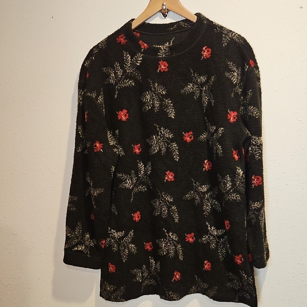 Woolrich Fleece Warm Christmas  Sweater Floral Patterned Black Sweater Sz. L